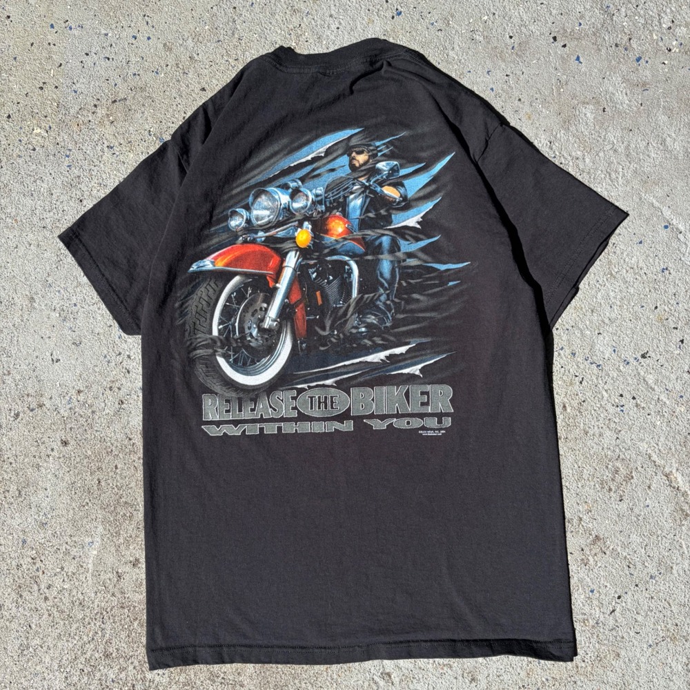 Vintage 2004 Buck Wear Release The Biker Within You Graphic T-Shirt Black Mens M - Picture 2 of 5